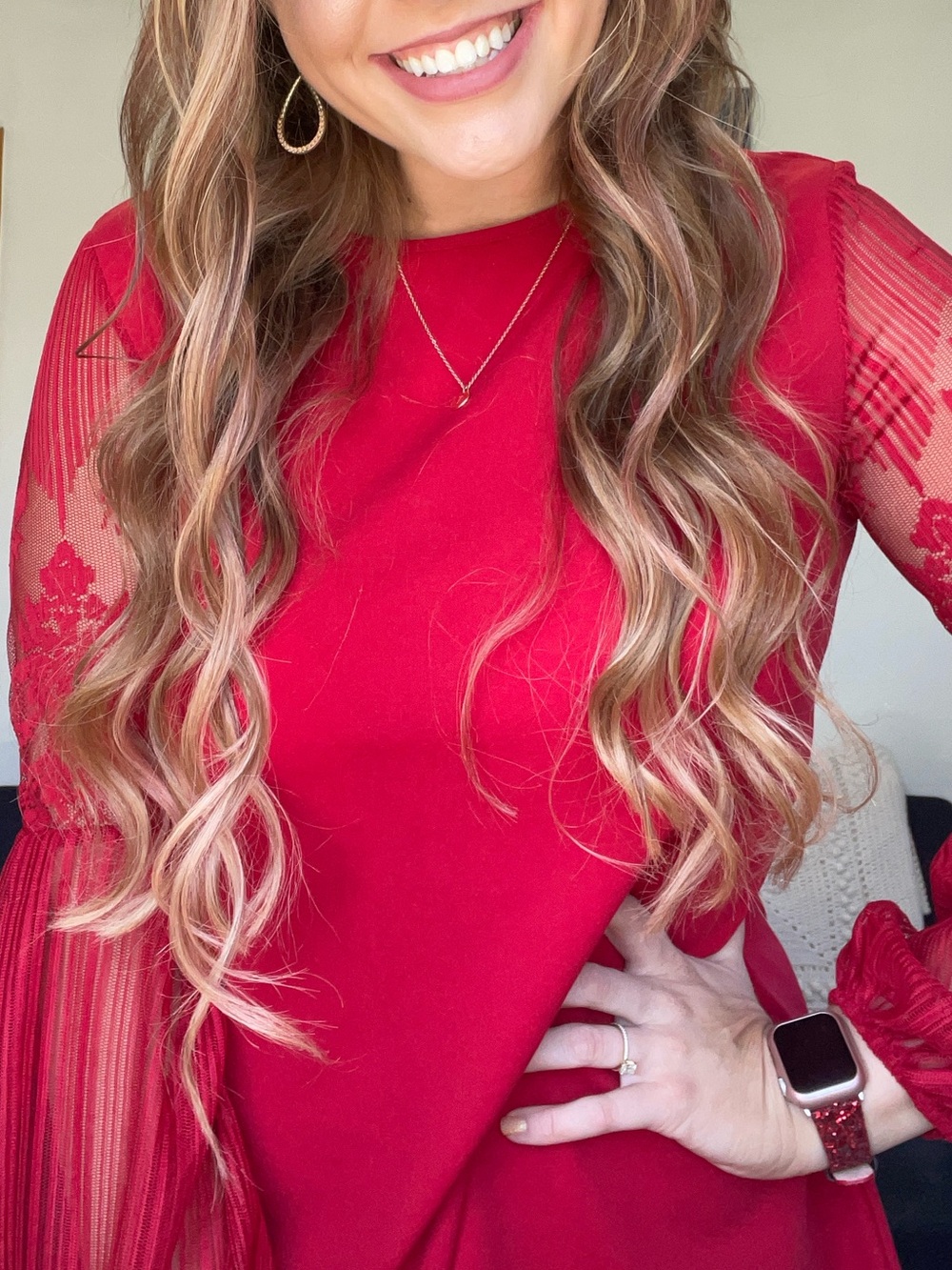 SHEIN Red Long Sleeve Lace Accent Dress